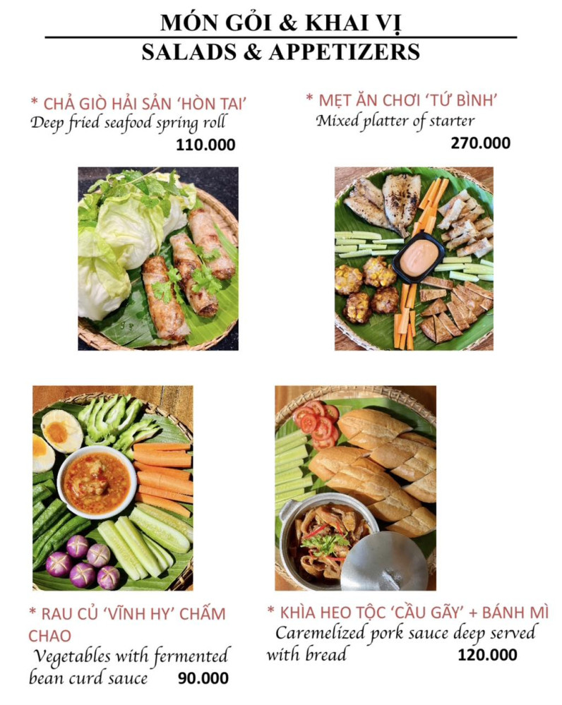 Bảng giá (Menu) Chành Rành Quán Vĩnh Hy