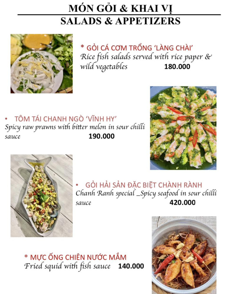 Bảng giá (Menu) Chành Rành Quán Vĩnh Hy