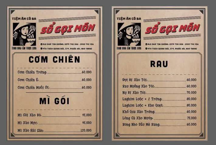 Bảng giá (Menu) Tiệm Ăn Cô Ba