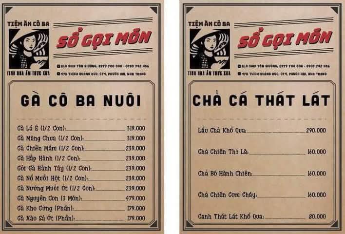 Bảng giá (Menu) Tiệm Ăn Cô Ba