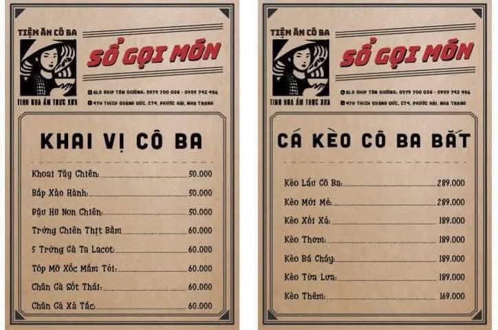 Bảng giá (Menu) Tiệm Ăn Cô Ba