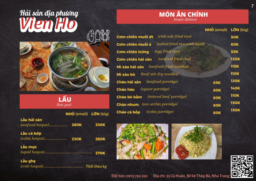 Bảng giá (Menu) Nhà Hàng Hải Sản Viên Hồ