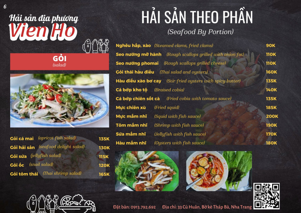 Bảng giá (Menu) Nhà Hàng Hải Sản Viên Hồ