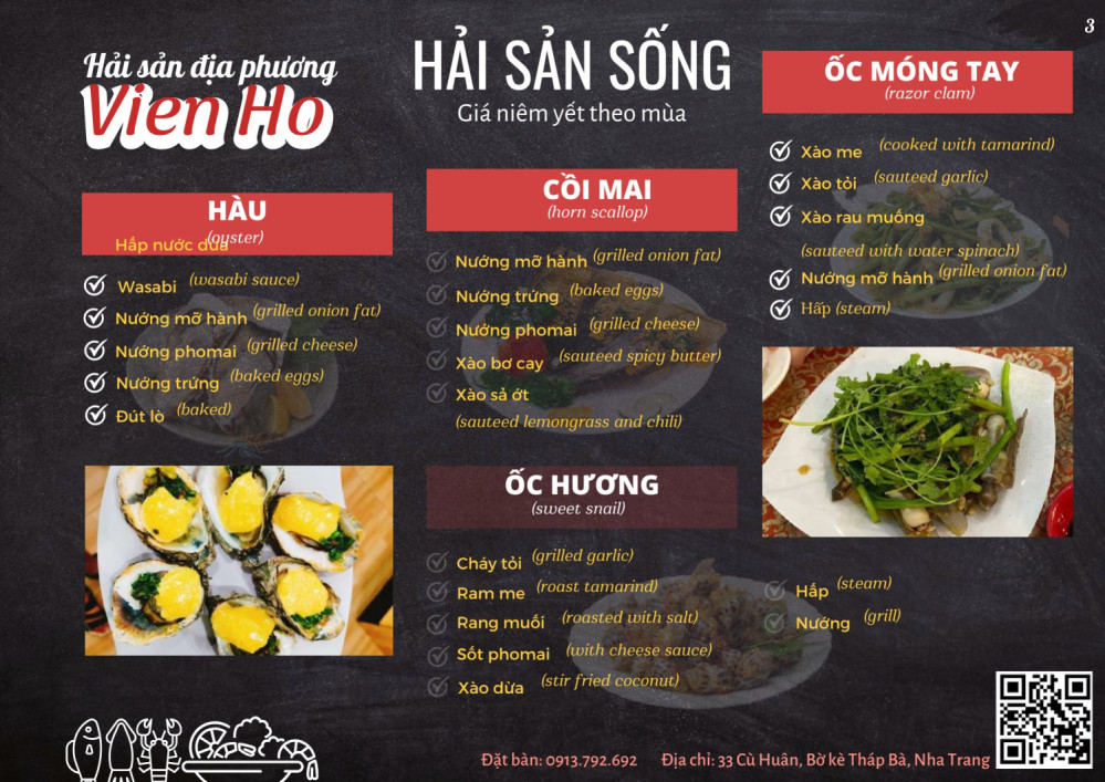 Bảng giá (Menu) Nhà Hàng Hải Sản Viên Hồ