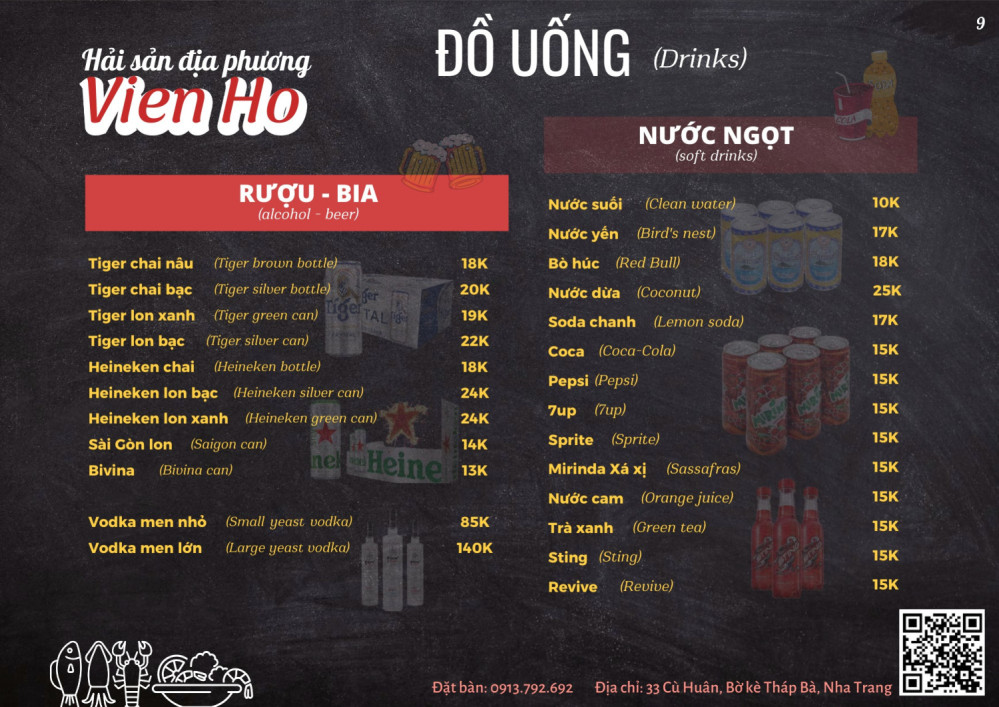 Bảng giá (Menu) Nhà Hàng Hải Sản Viên Hồ