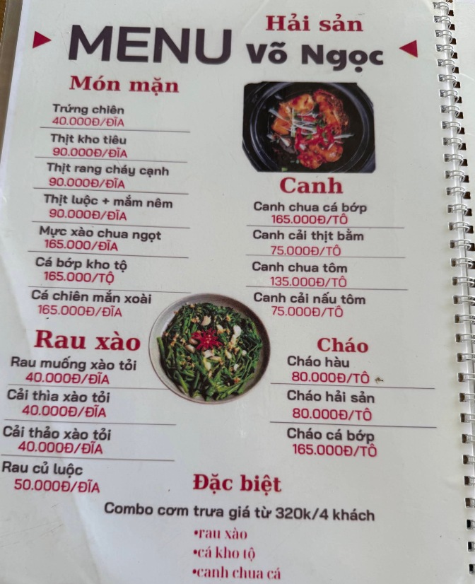 Bảng giá (Menu) Hải Sản Cơm Lẩu Võ Ngọc