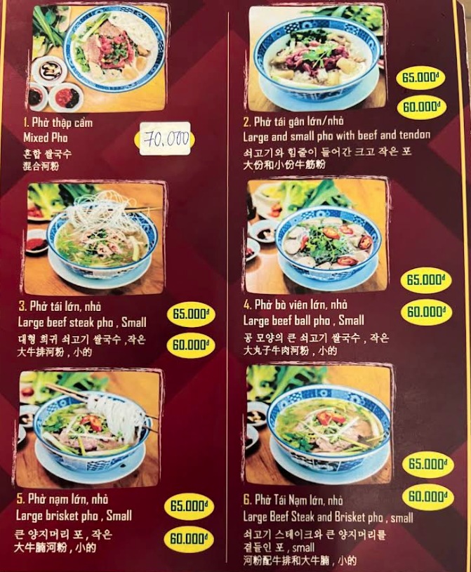 Bảng giá (Menu) Phở Hồng Nha Trang