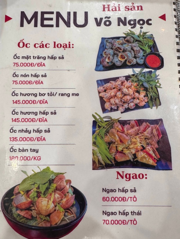 Bảng giá (Menu) Hải Sản Cơm Lẩu Võ Ngọc