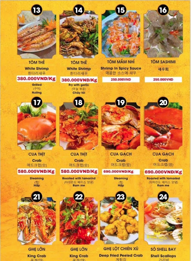 Bảng giá (Menu) Hải Sản Mộng Ước
