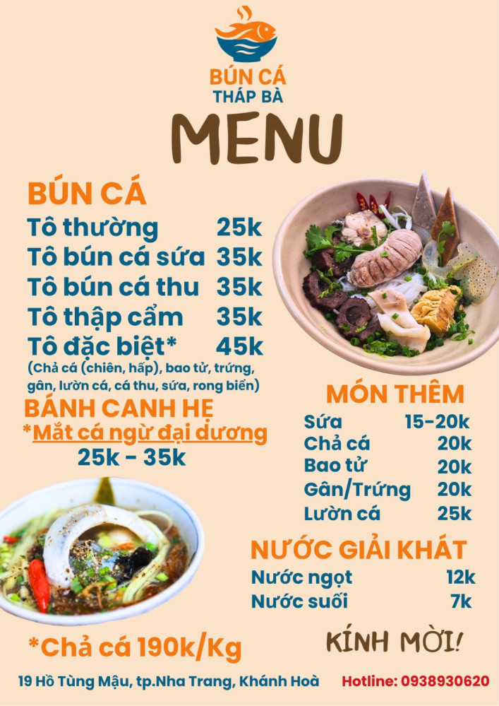 Bảng giá (Menu) Bún Cá Nha Trang Tháp Bà