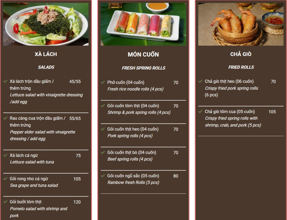 Bảng giá (Menu) Cơm nhà Chuồn Chuồn Kim