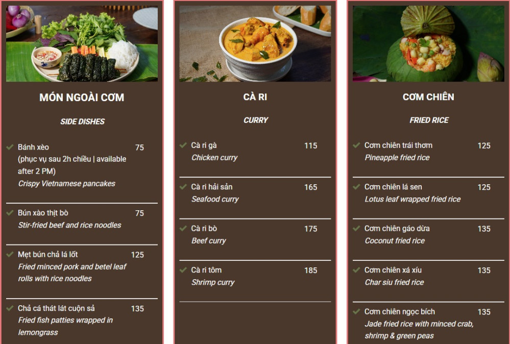 Bảng giá (Menu) Cơm nhà Chuồn Chuồn Kim
