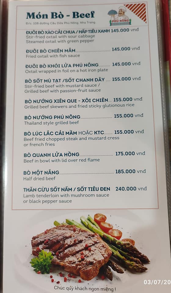 Bảng giá (Menu) Làng Nướng Phú Nông