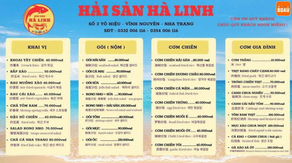Bảng giá (Menu) Nhà Hàng Hải Sản Hà Linh