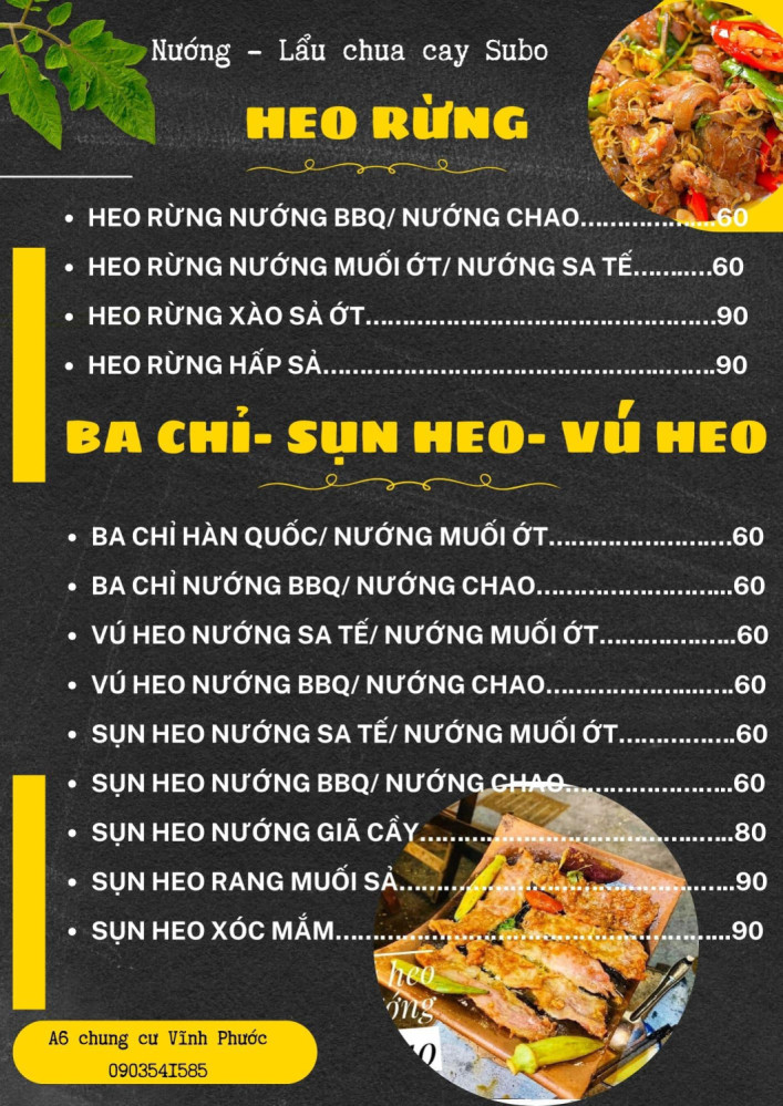Bảng giá (Menu) Nướng Ngói SuBo