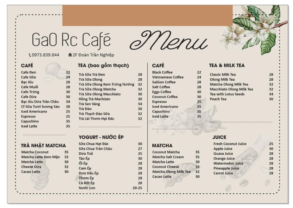 Bảng giá (Menu) Gao Rc Café